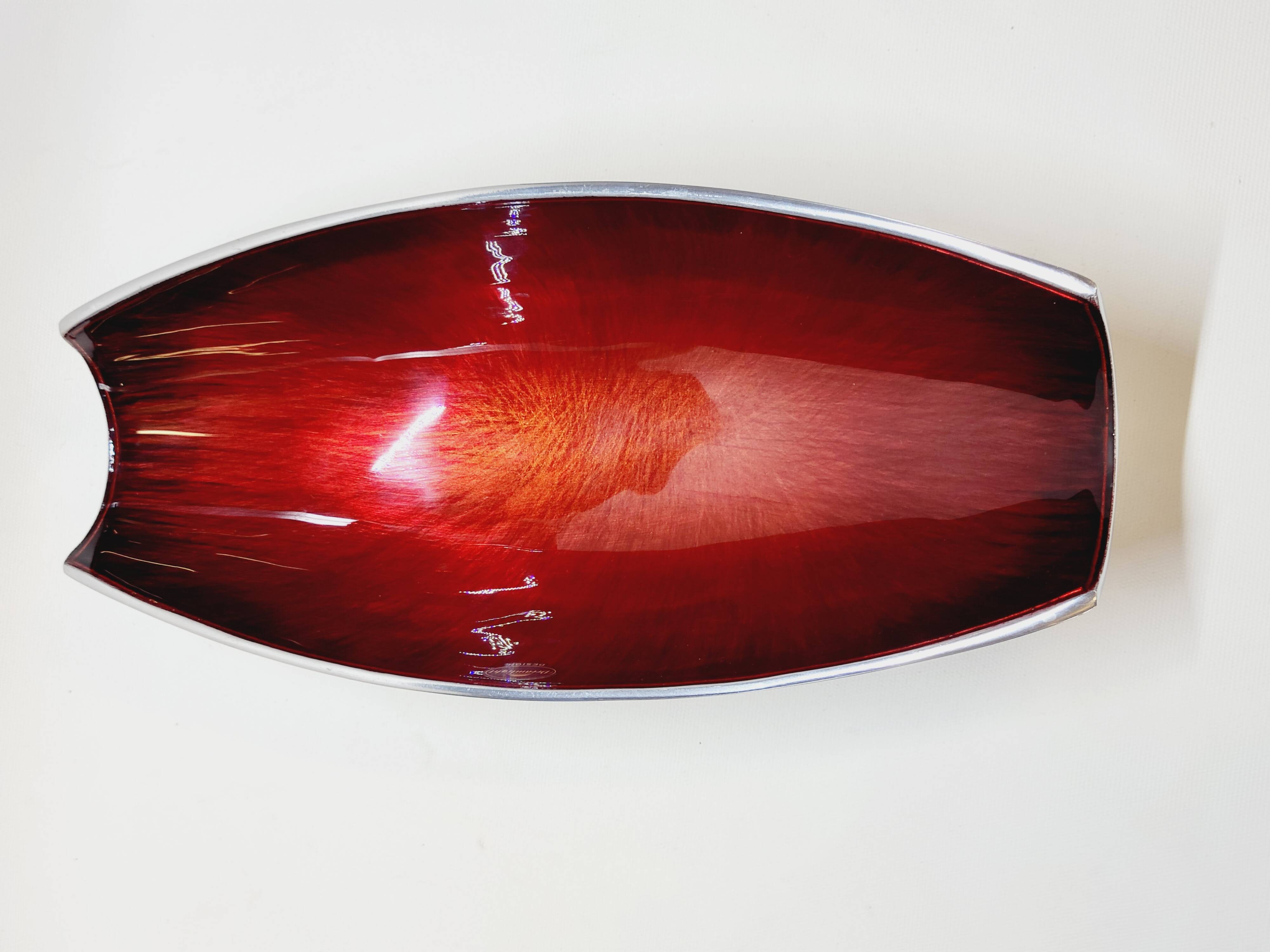 Designer bowl centerpiece in iridescent red enameled metal