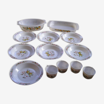 Set of 7 hollow plates, 2 dishes, 4 cups Arcopal 1970