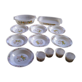 Set of 7 hollow plates, 2 dishes, 4 cups Arcopal 1970