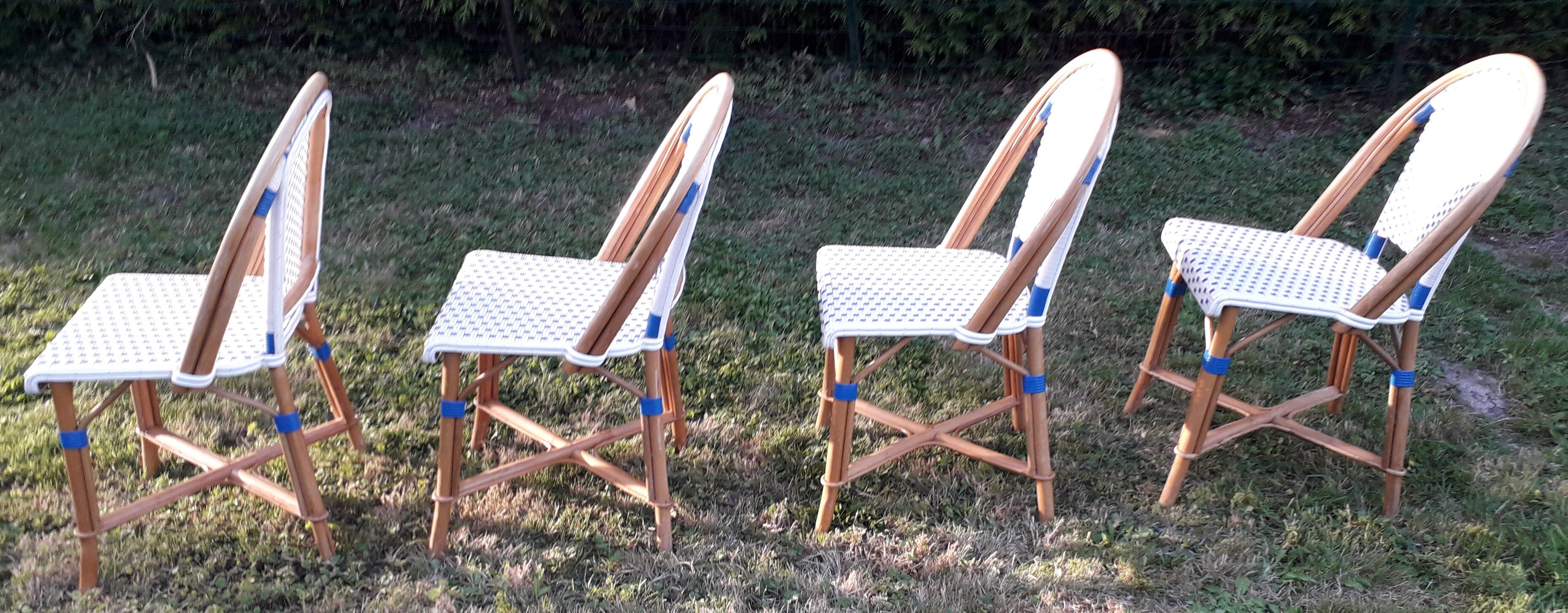 Set de 4 chaises bistrot terrasse parisienne en rotin blanche et bleu