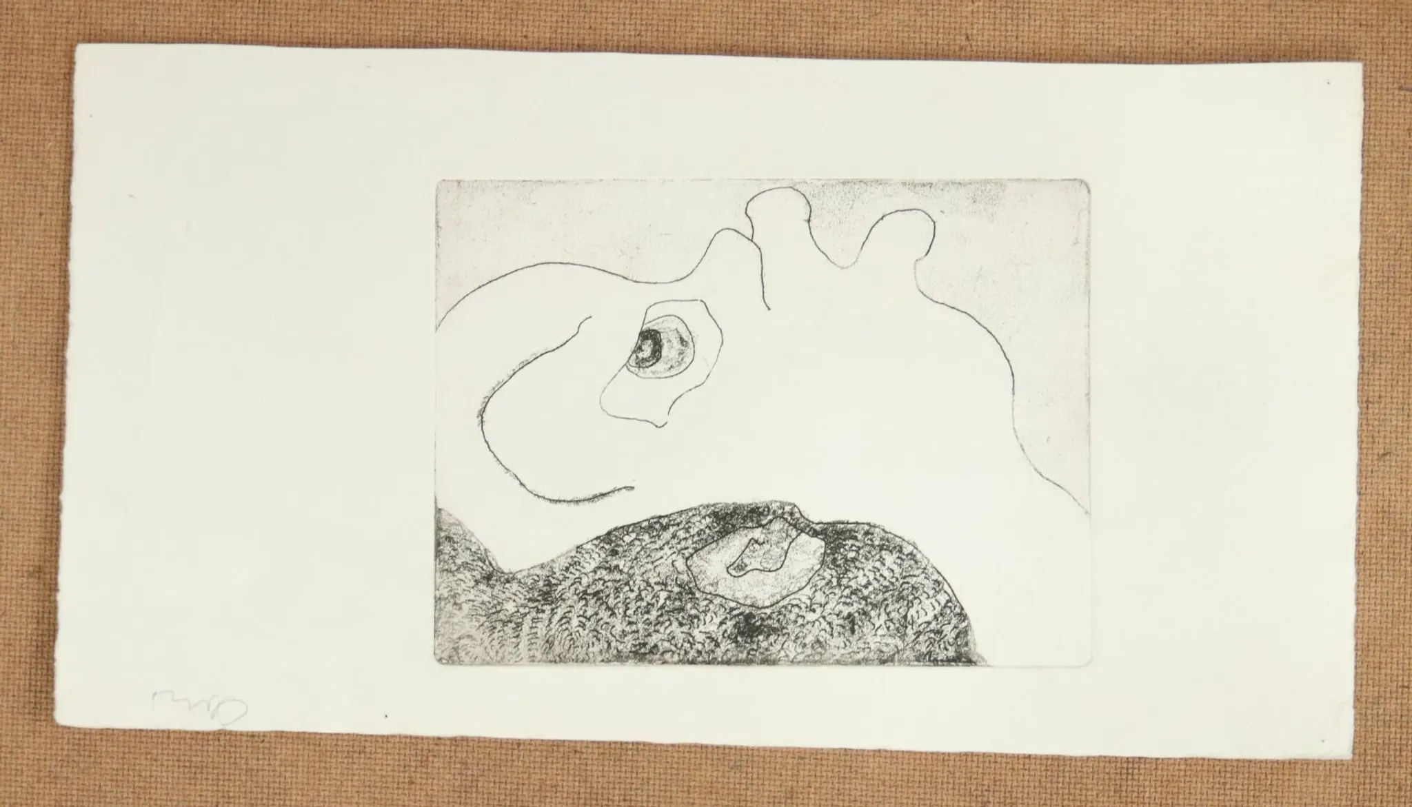 Abstract etching – face with a large eye, probably by M. Schneider, 1970s