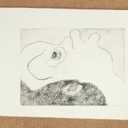 Abstract etching – face with a large eye, probably by M. Schneider, 1970s