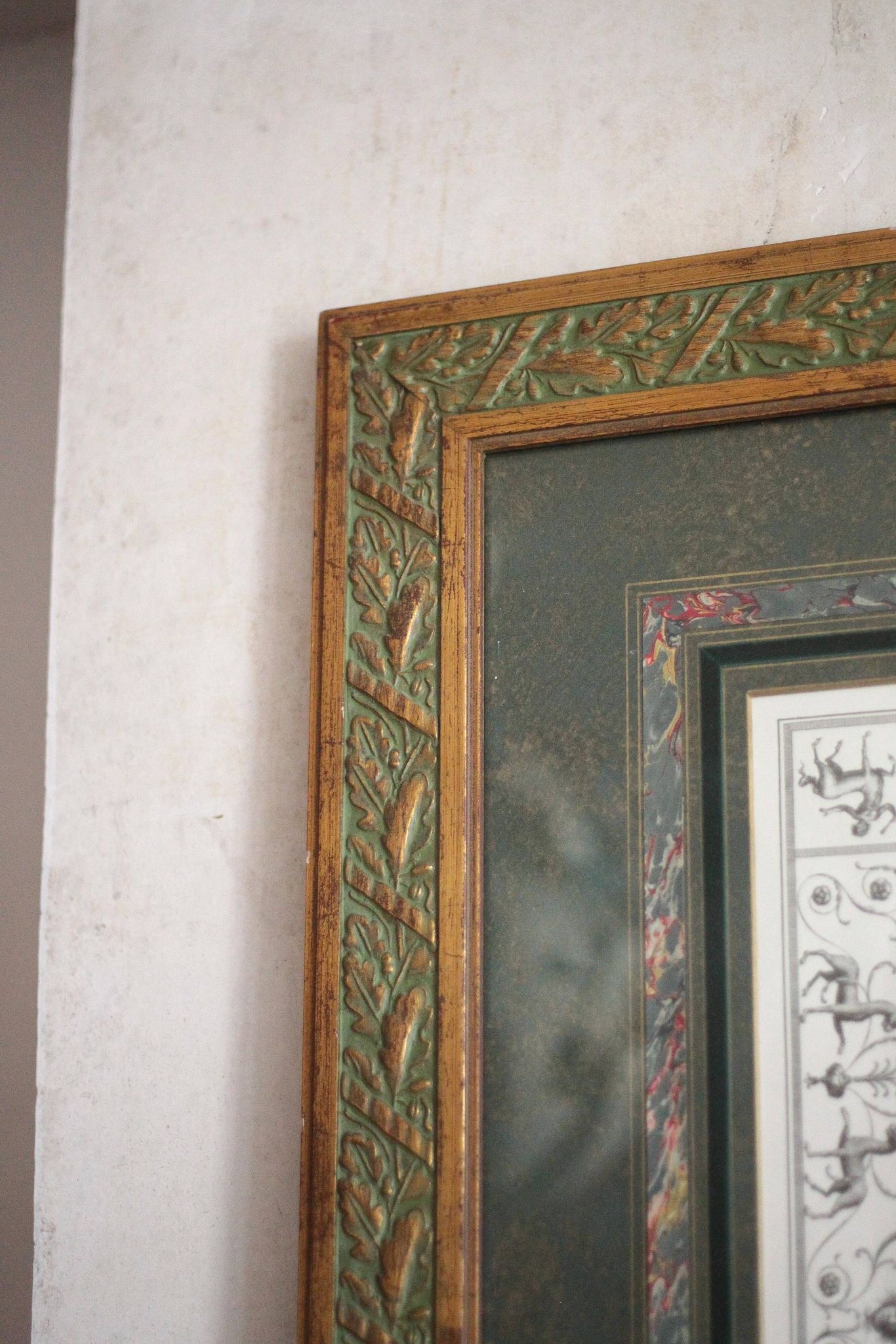 Antique engraving of Mars and Venus, framed under glass, large frame, decoration.