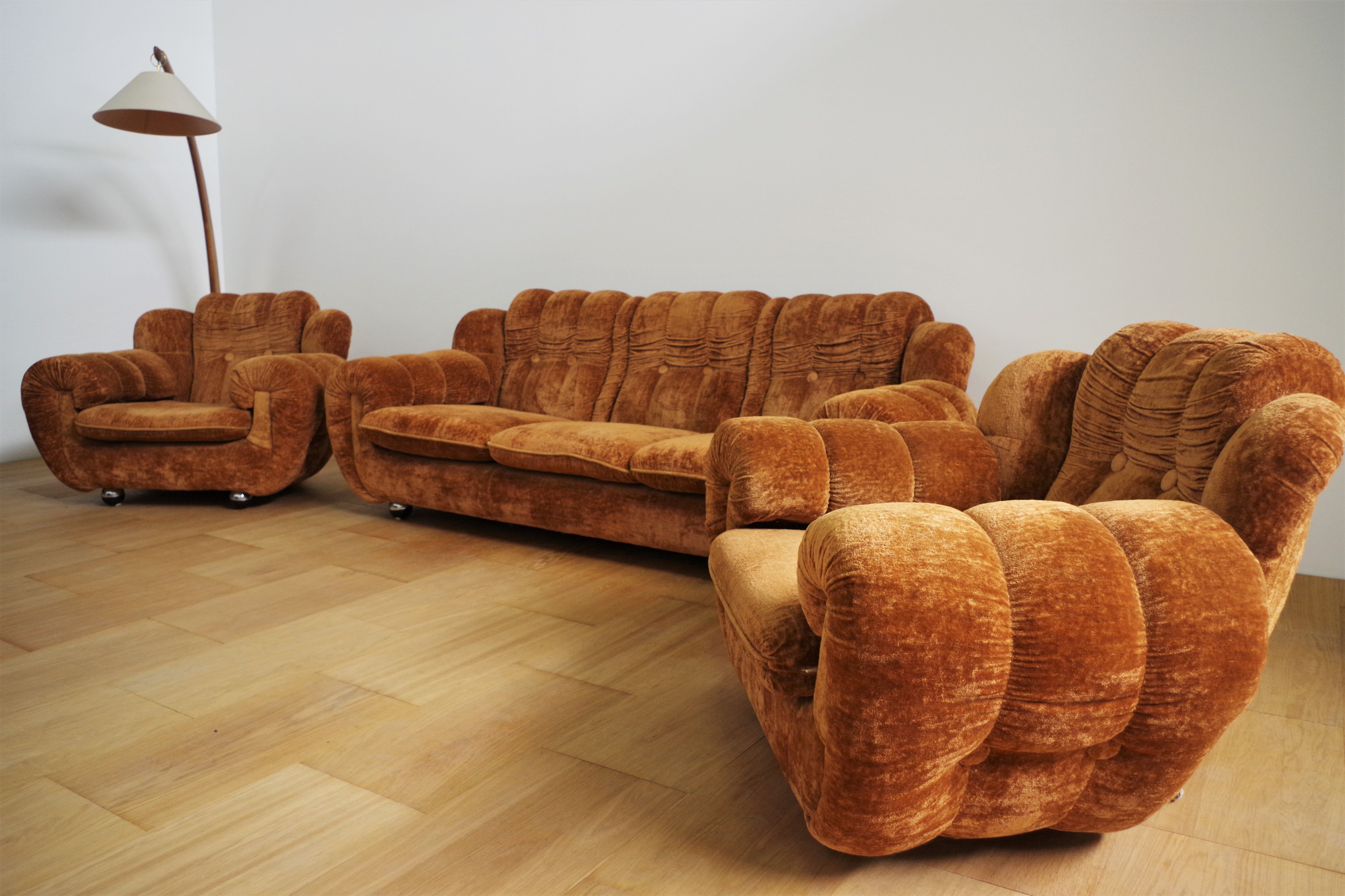 Velvet armchairs and sofa, 1970s, set of 3