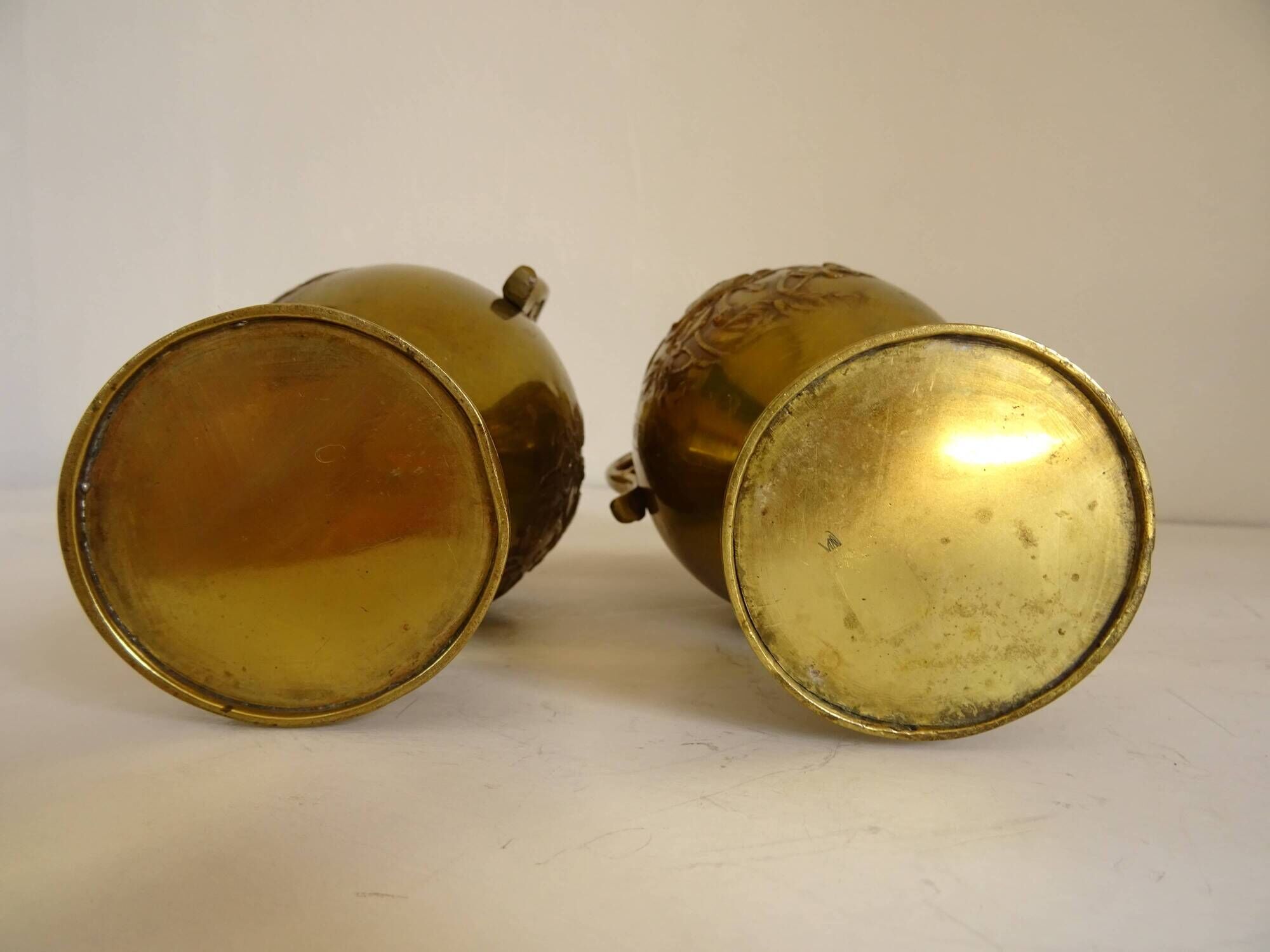 Pair of Gilt Bronze Vases / 19th Japan Meiji / Signed Fine Gold Flowers Birds