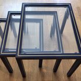 Set of 3 Pierre Vandel nesting tables in blue lacquered metal and glass top, French 1970 Vintage