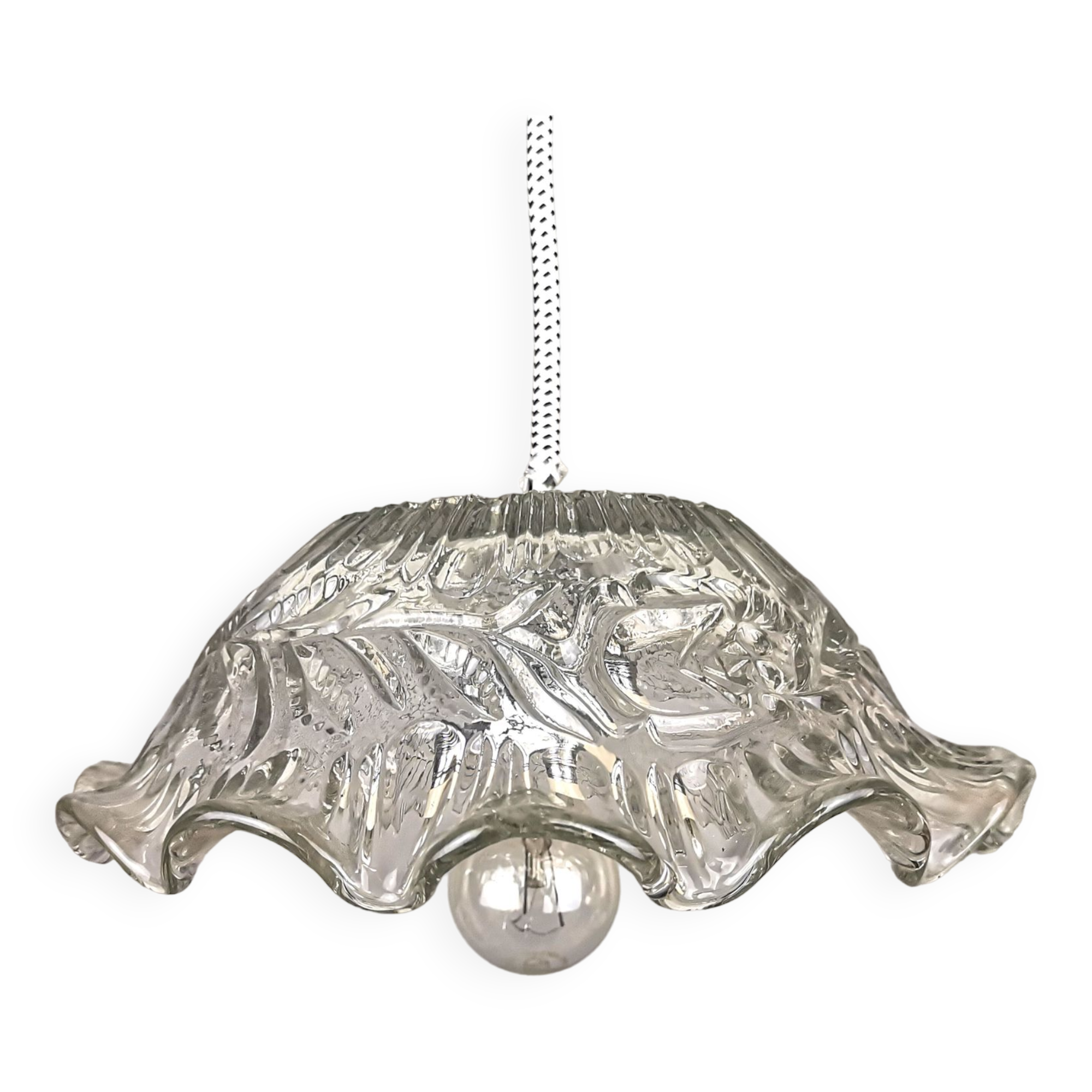 Portuguese farmhouse mid century clear floral glass hanging lamp, 1960s