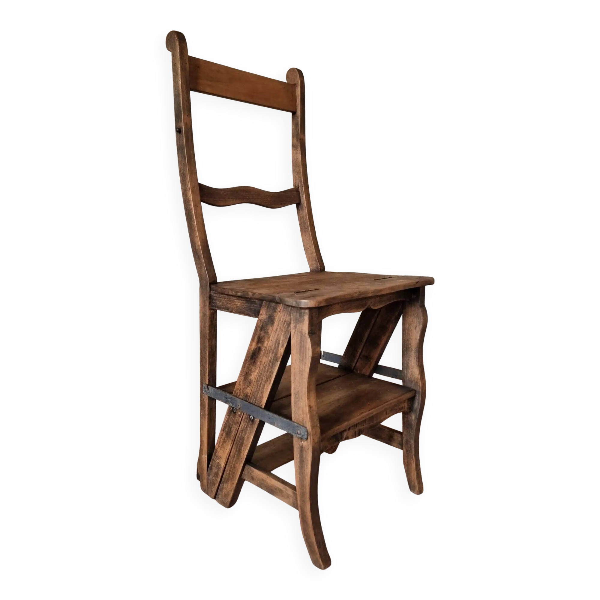 Chaise échelle de bibliothèque en chêne français antique – Tabouret escamotable