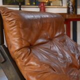 Brutalist sofa in oak and patinated leather, 1960s