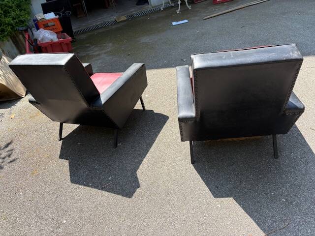 pair of old skai compass leg armchairs / vintage