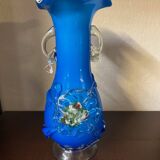 Clichy glass vase with floral decoration in intense blue tones and small years