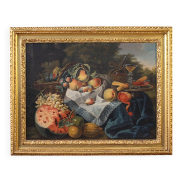 Grande peinture italienne du XVIIe siècle, nature morte antique avec des fruits.