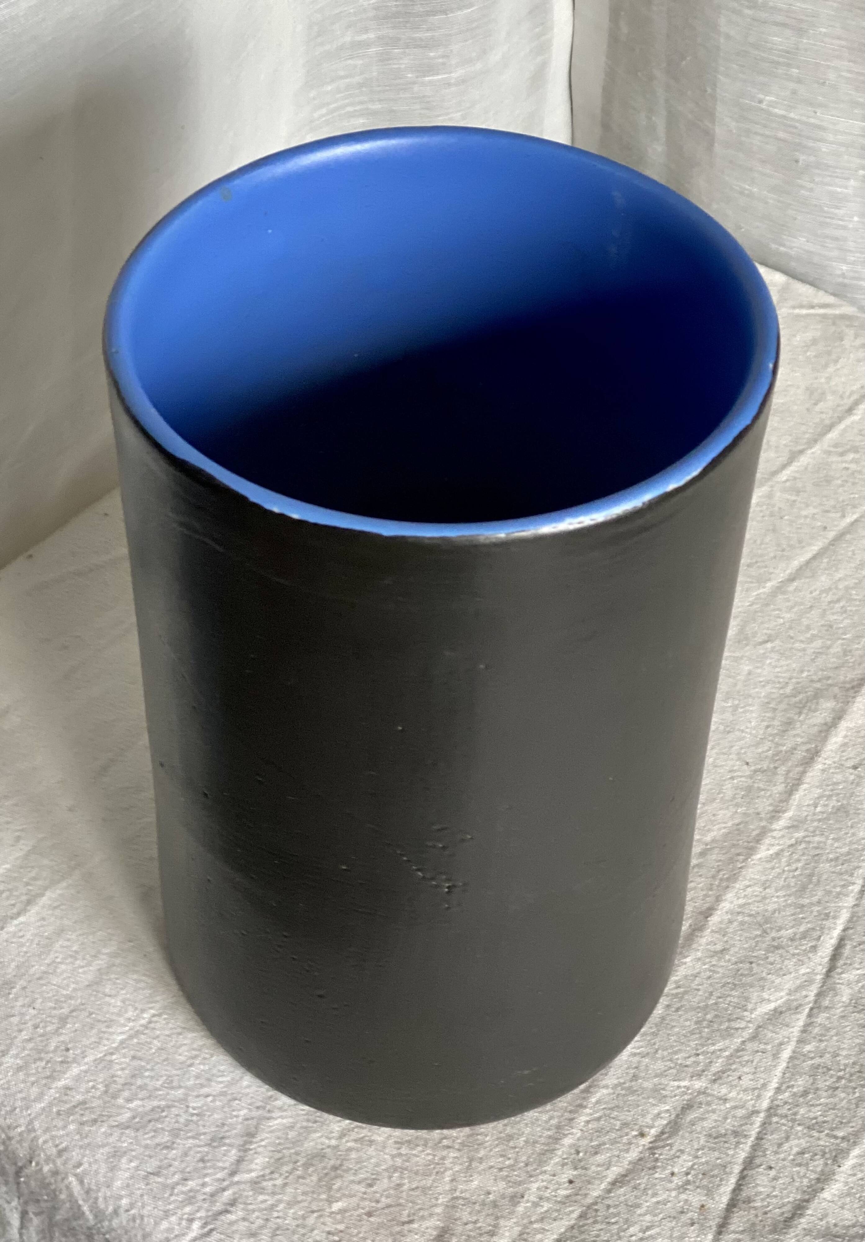 Vintage 1970s black ceramic roll vase signed Dumez.