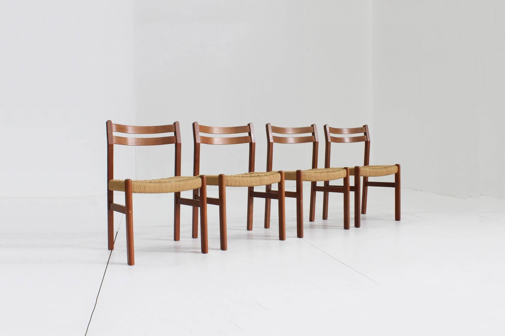 Mid Century Danish teak and paper cord dining chairs 1960s , set of 4