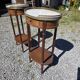 Pair of Louis XVI style bedside tables in mahogany, with marble tops.