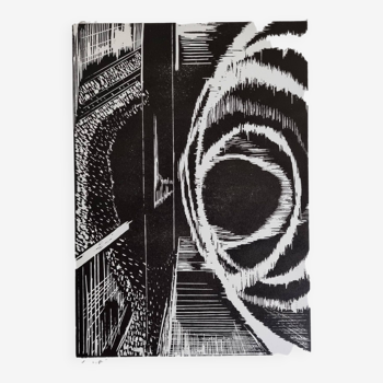 Abstract print in black and white, vortex, 37 x 54 cm