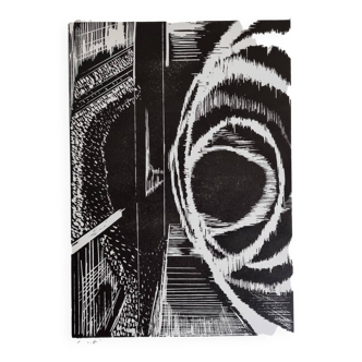 Estampe abstraite en noir et blanc, vortex, 37 x 54 cm