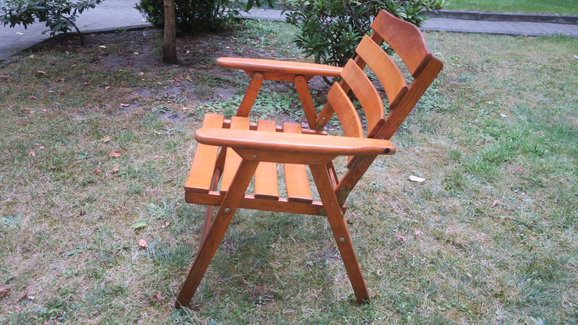 Mid century patinated wood folding garden or patio elbow chair, 1960s