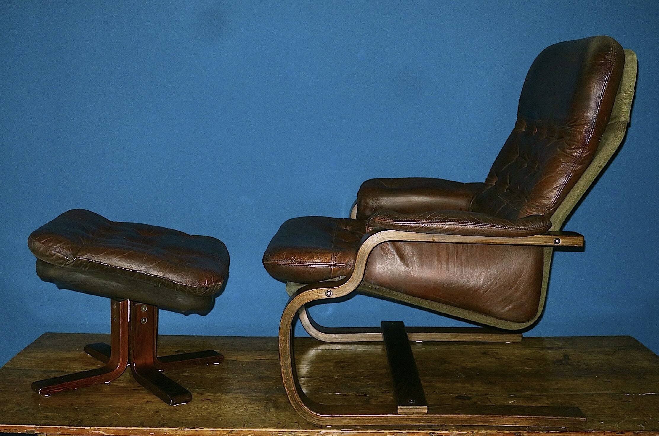 Mid century Scandinavian cantilever leather lounge chair and ottoman, 1960s