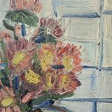 Mid-Century Modern Swedish "Pink Flowers" Vintage Still Life Oil Painting, Framed