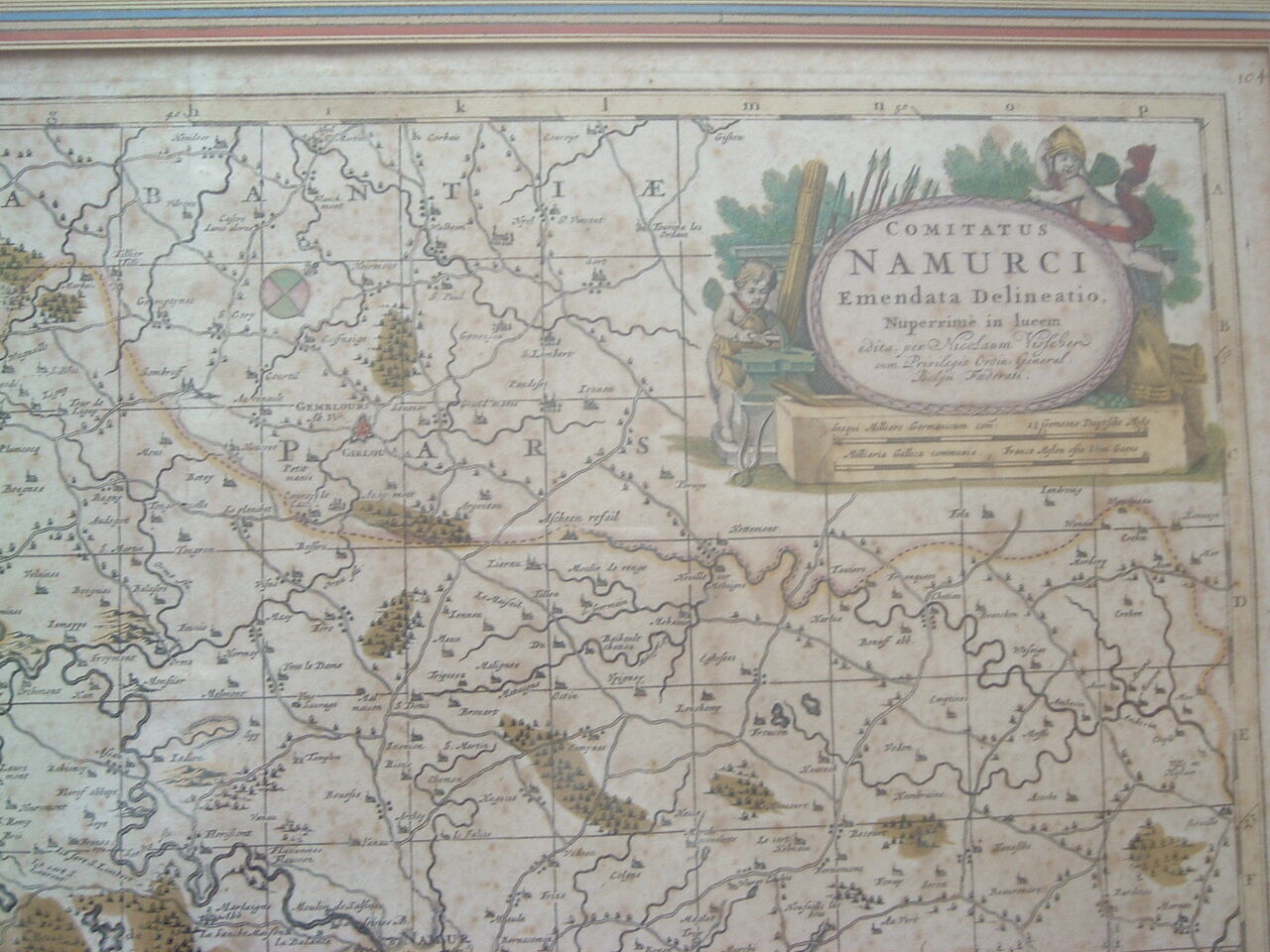Old map xvii province of namur belgium by visscher, comitatus namurci, atlas minor, frame