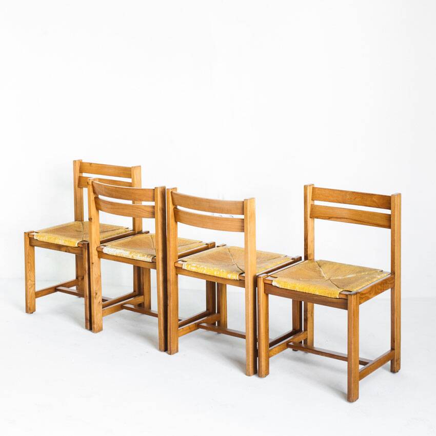 Extendable table and 4 chairs set with a rationalist design in solid elm wood. France, 70's