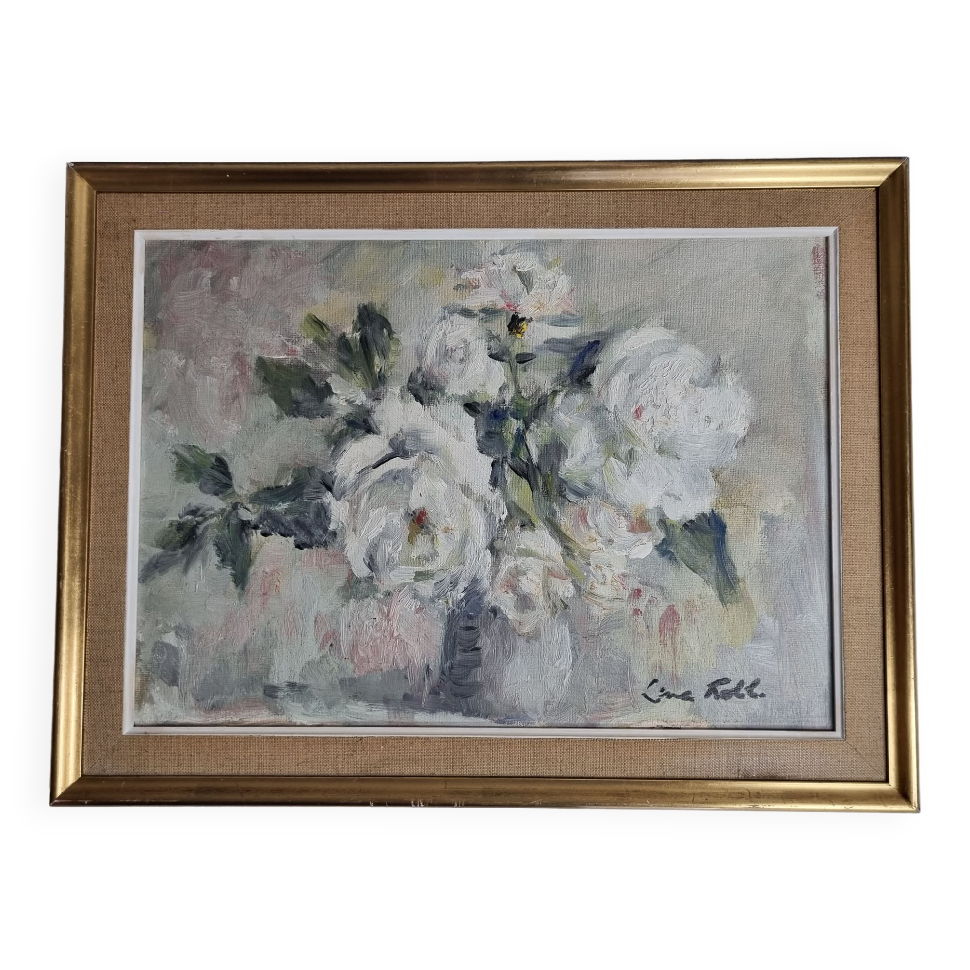 Floral composition, roses, oil on panel signed Line Roll.