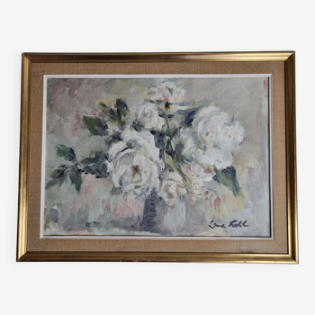 Floral composition, roses, oil on panel signed Line Roll.