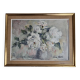 Floral composition, roses, oil on panel signed Line Roll.