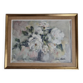 Composition florale, roses, huile sur panneau signée Line Roll.