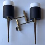 Pair of vintage arlus wall lights – black metal, brass, opaline glass & wood –