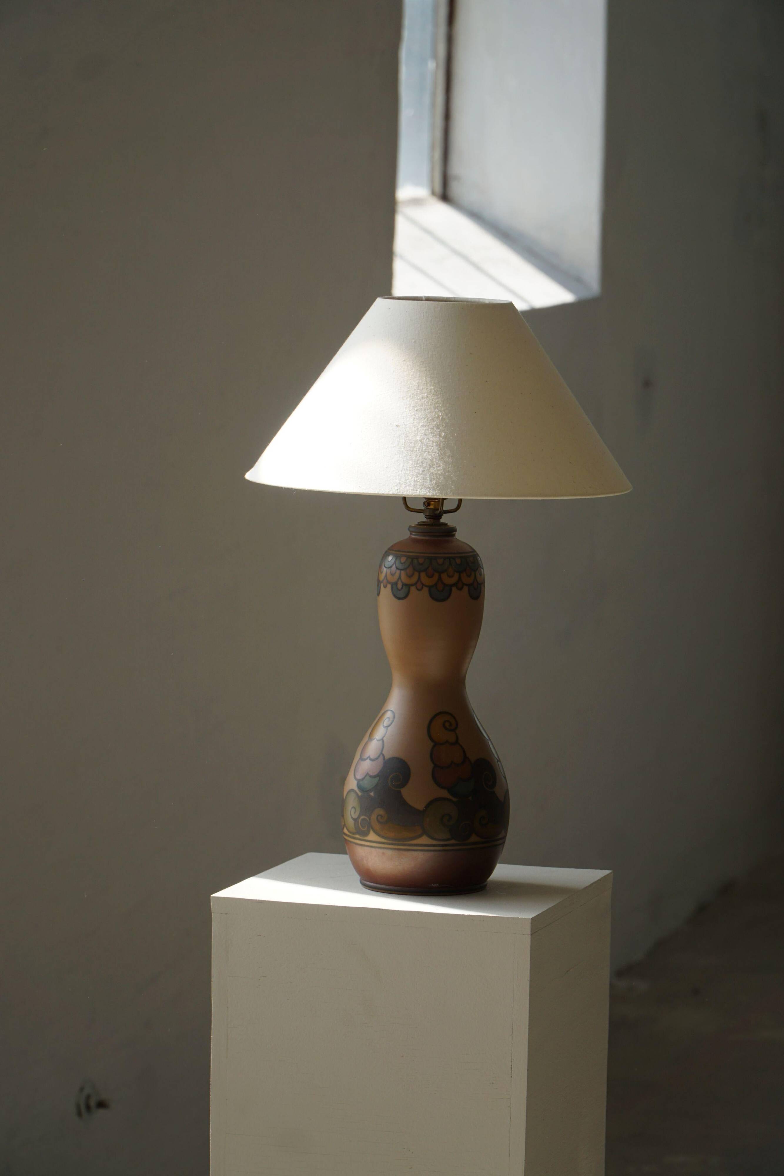 Terracotta table lamp, Art Nouveau, L. Hjorth, Bornholm, Denmark, 1930s