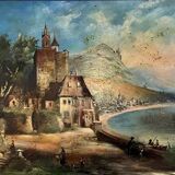 Painting fixed under glass depicting a lake view with the Alps in the background (A)