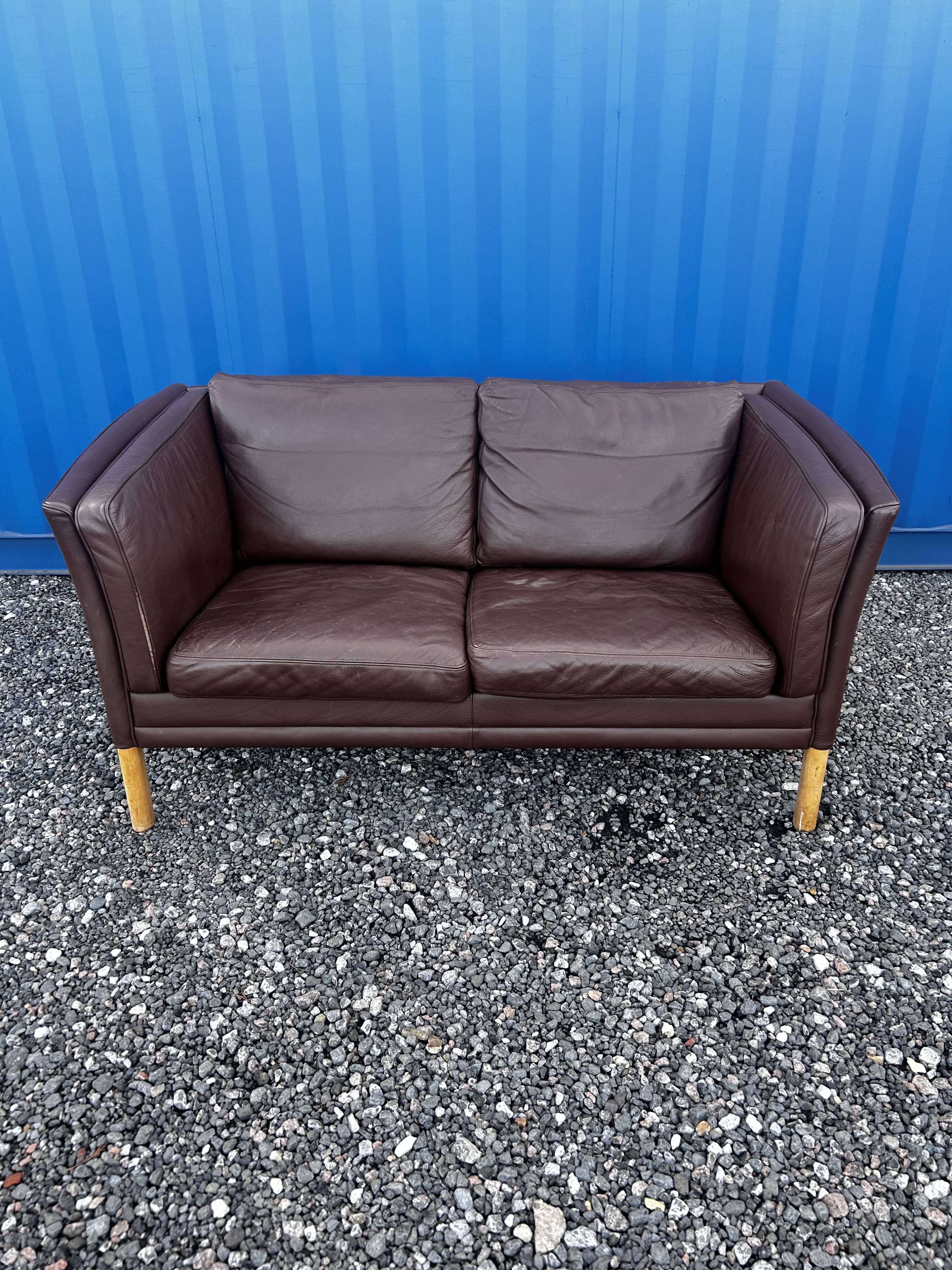 Danish two seater brown leather sofa  1970s