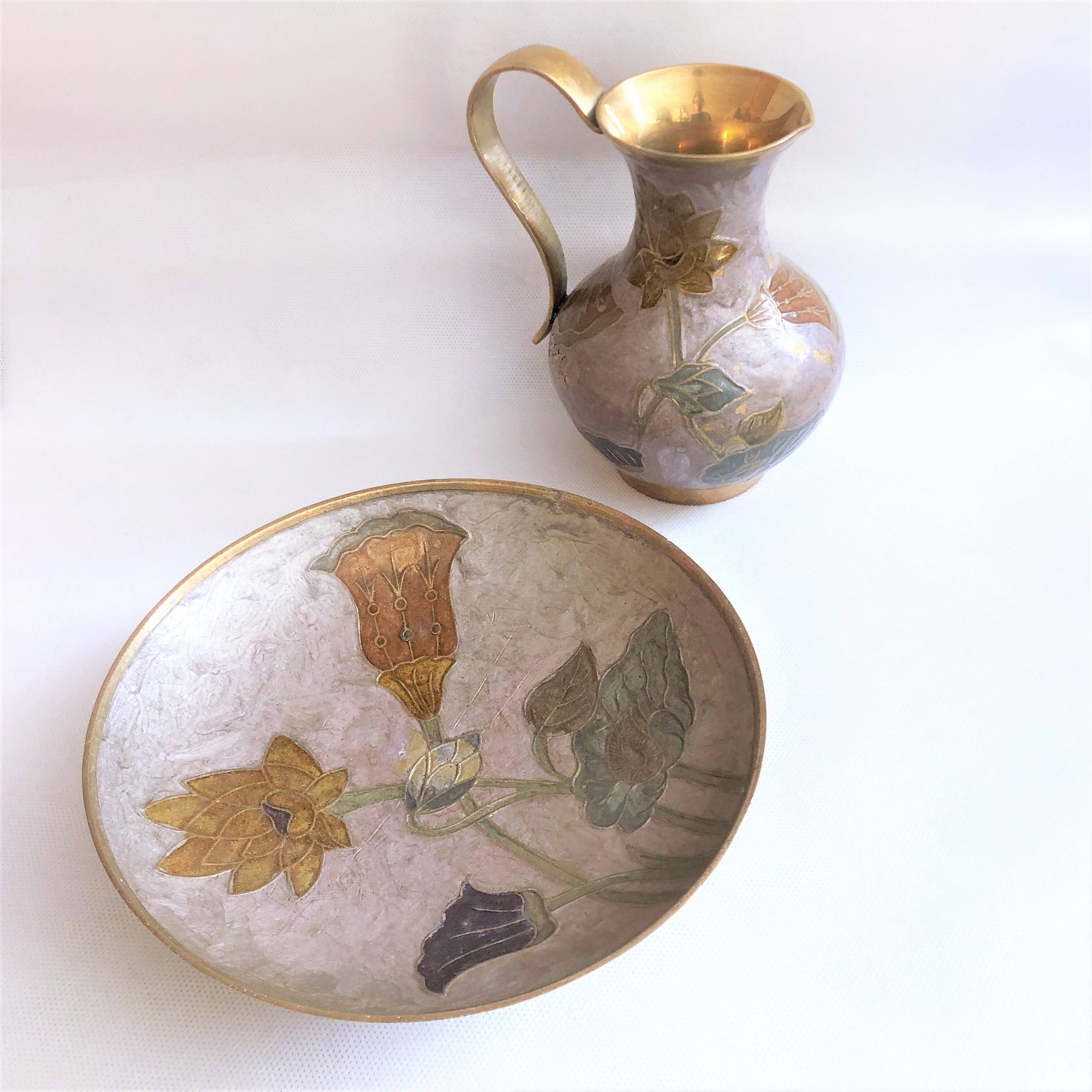 Enamelled brass carafe and cup set