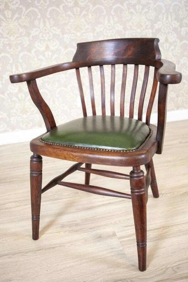 Early-20th Century Beech Desk Chair with Leather Seat, 1950s