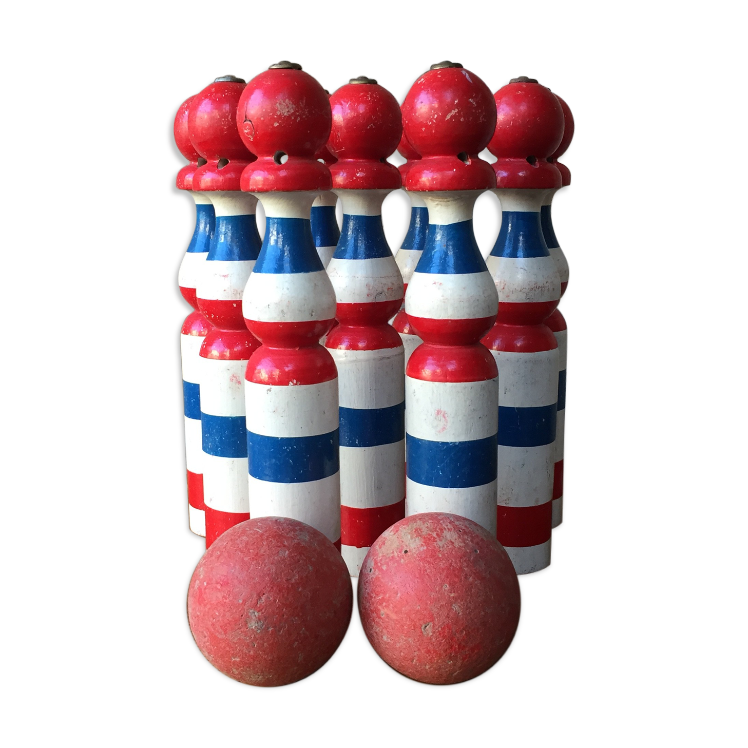 Old vintage wooden bowling game triclore plus two balls