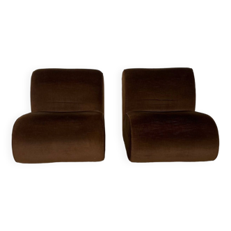 Pair of Italian Armchairs, Original Brown Velvet, 1970s