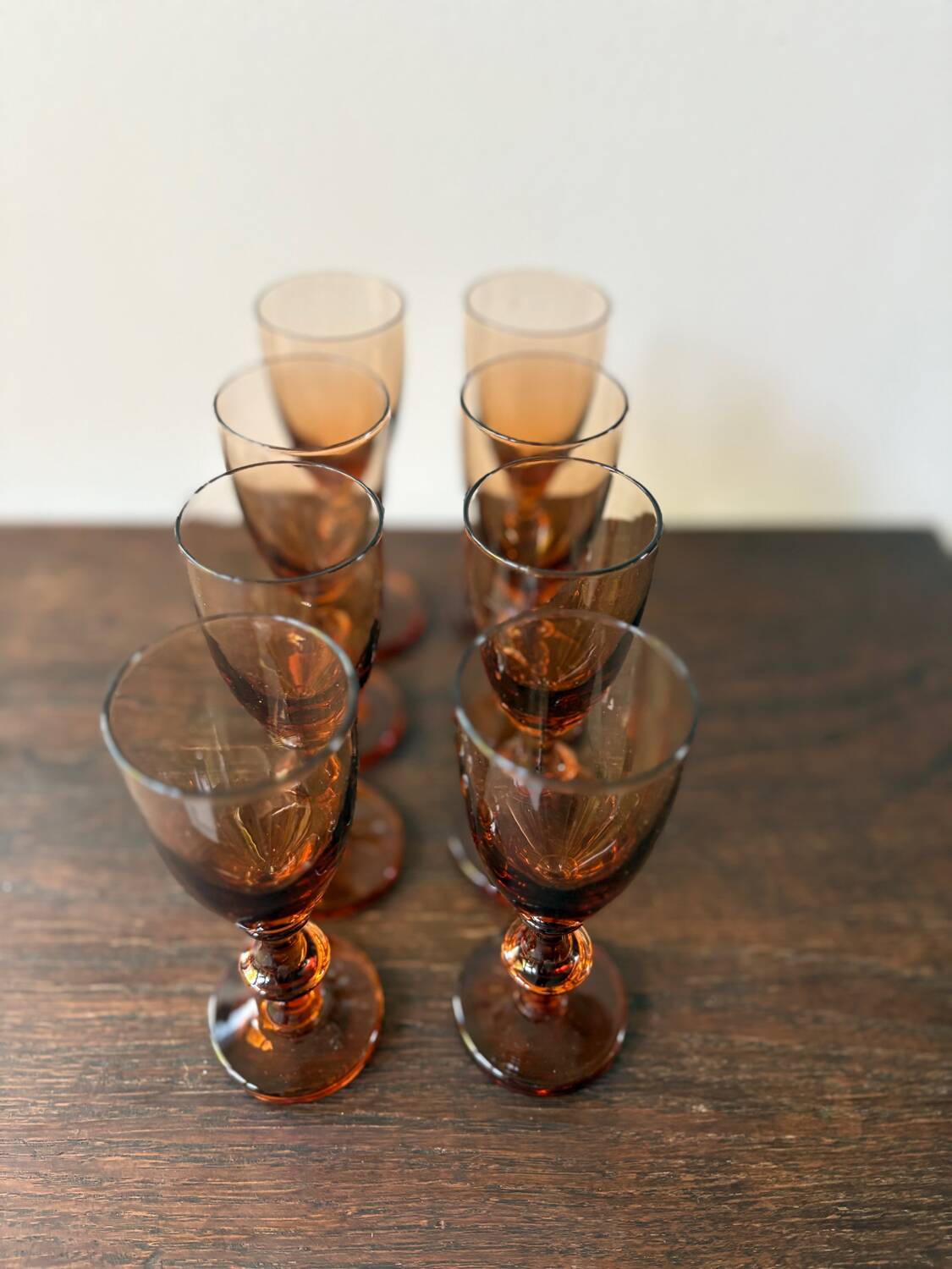 Set of 8 vintage amber portieux crystal glasses from the 70s