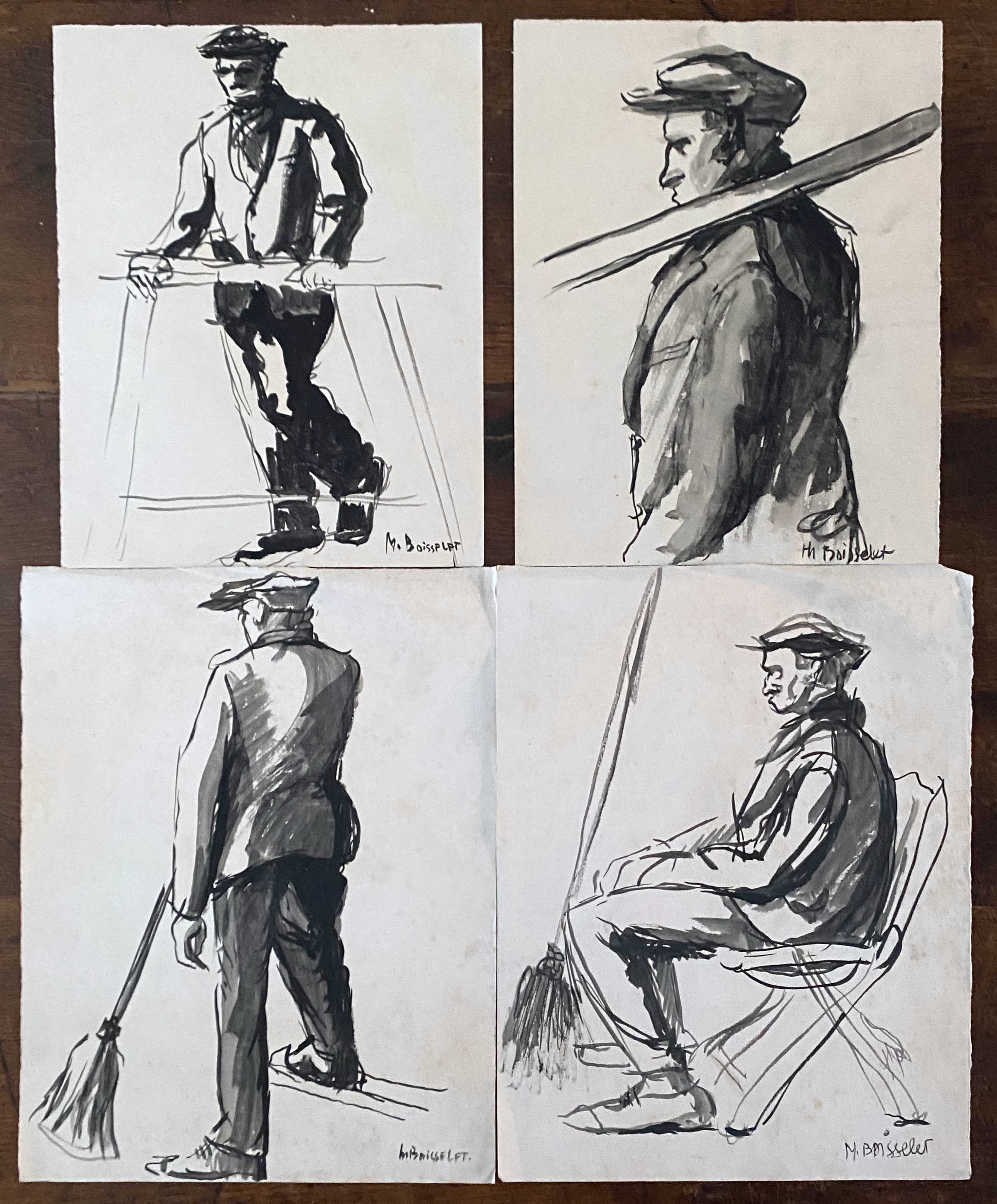 Painting Lot of 4 original inks (mid 20th century) signed Boisselet