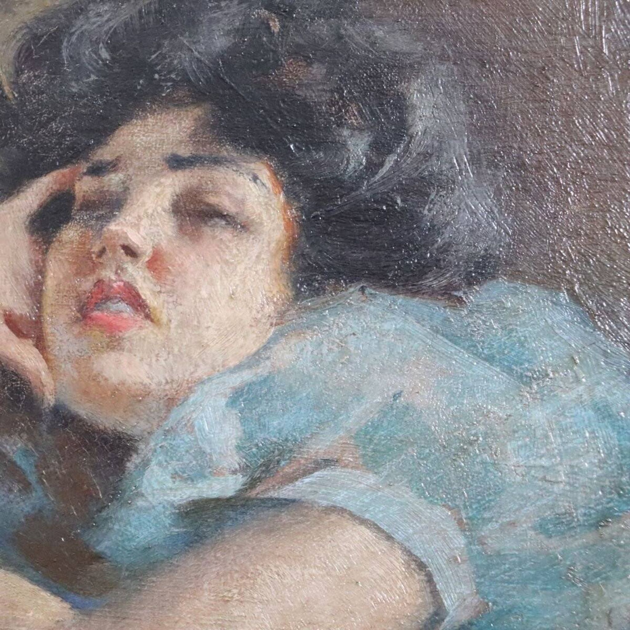 Girl Lying Down, Oil Painting On Board Signed A Villa, Italy Late 19th Century
