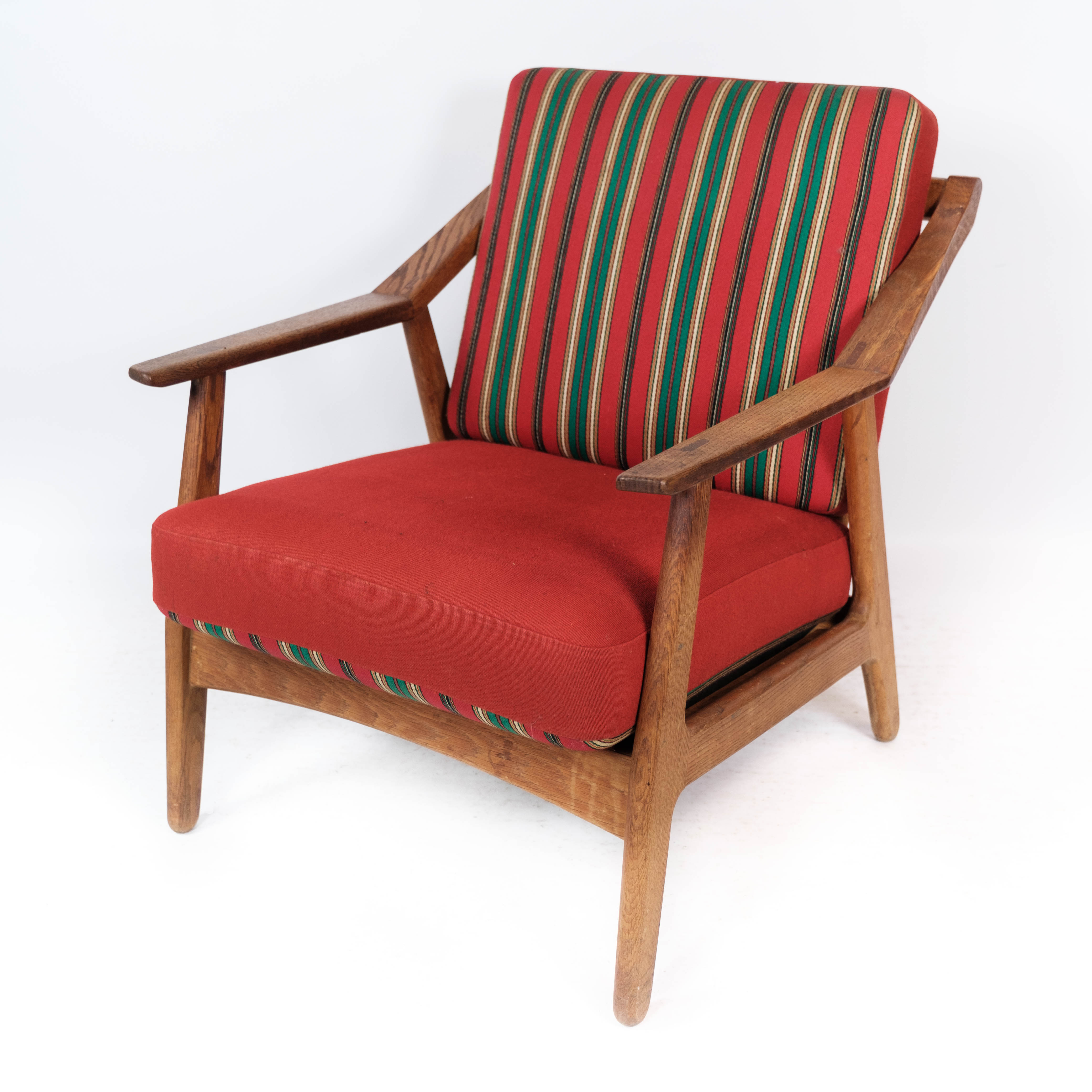 Armchair in oak and upholstered with red fabric, designed by H. Brockmann Pedersen, 1960s