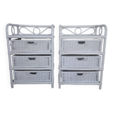 pair of chest of drawers bedside chiffonier 3 drawers white bamboo rattan vintage 1970s