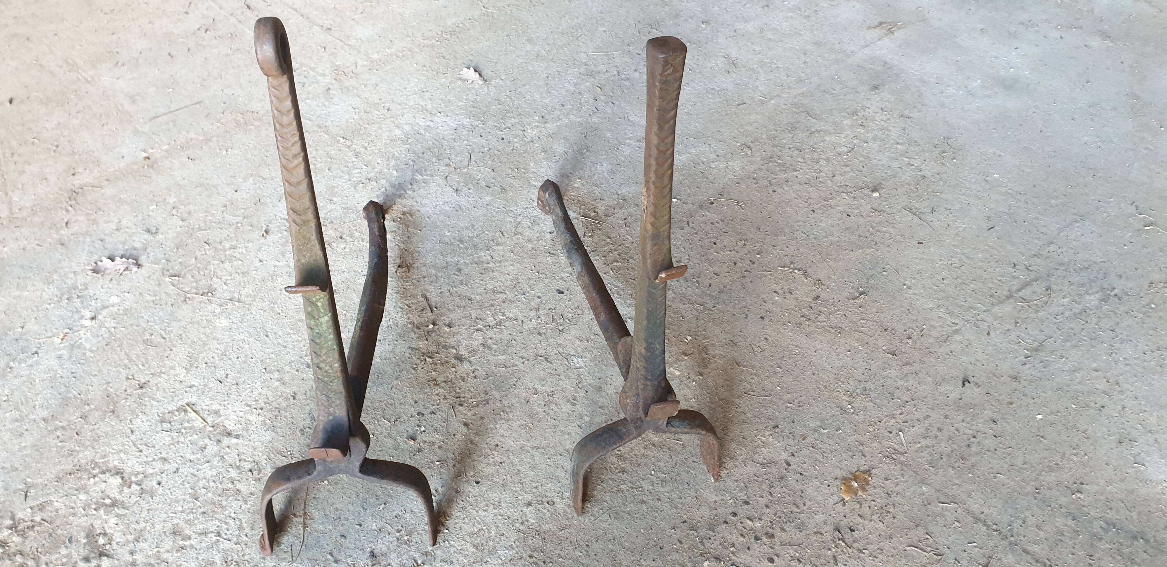 Pair of Twisted Wrought Iron Andirons, 19th Century