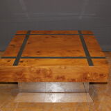 Table basse carré en frêne et inox vers 1970