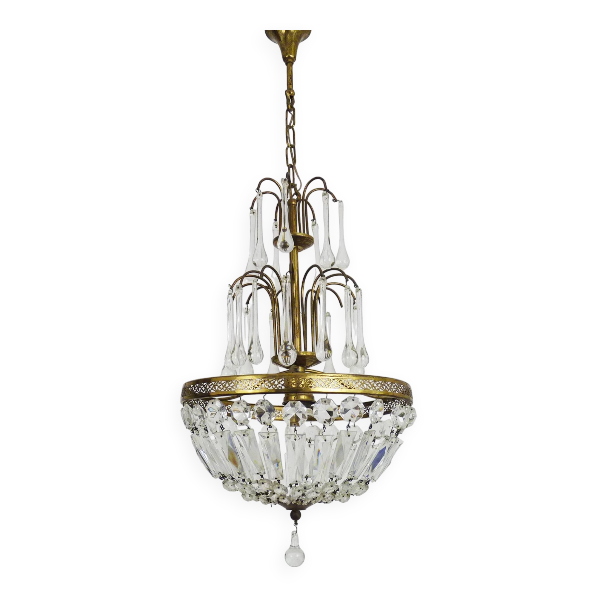 Chandelier, crown ceiling light in brass, 3 levels, 1 light, water drop pendants. 70s