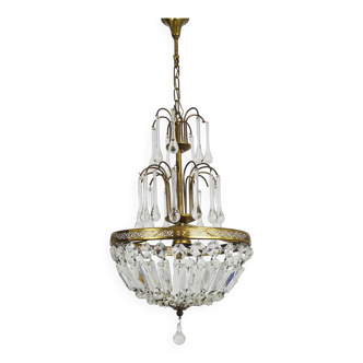 Chandelier, crown ceiling light in brass, 3 levels, 1 light, water drop pendants. 70s