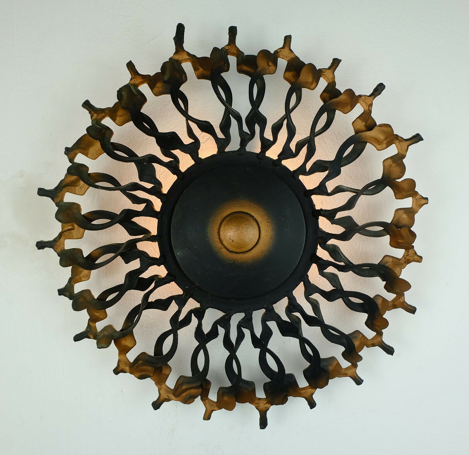 1960s SCONCE mid century sunburst brutalist black iron and copper colored
