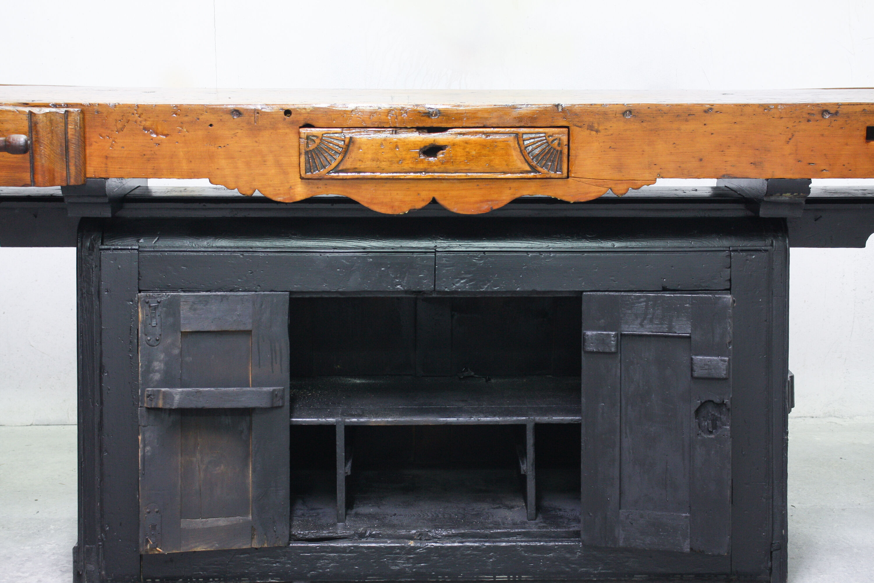 Vintage Portuguese Carpenter's Workbench in wood and black, 1950s