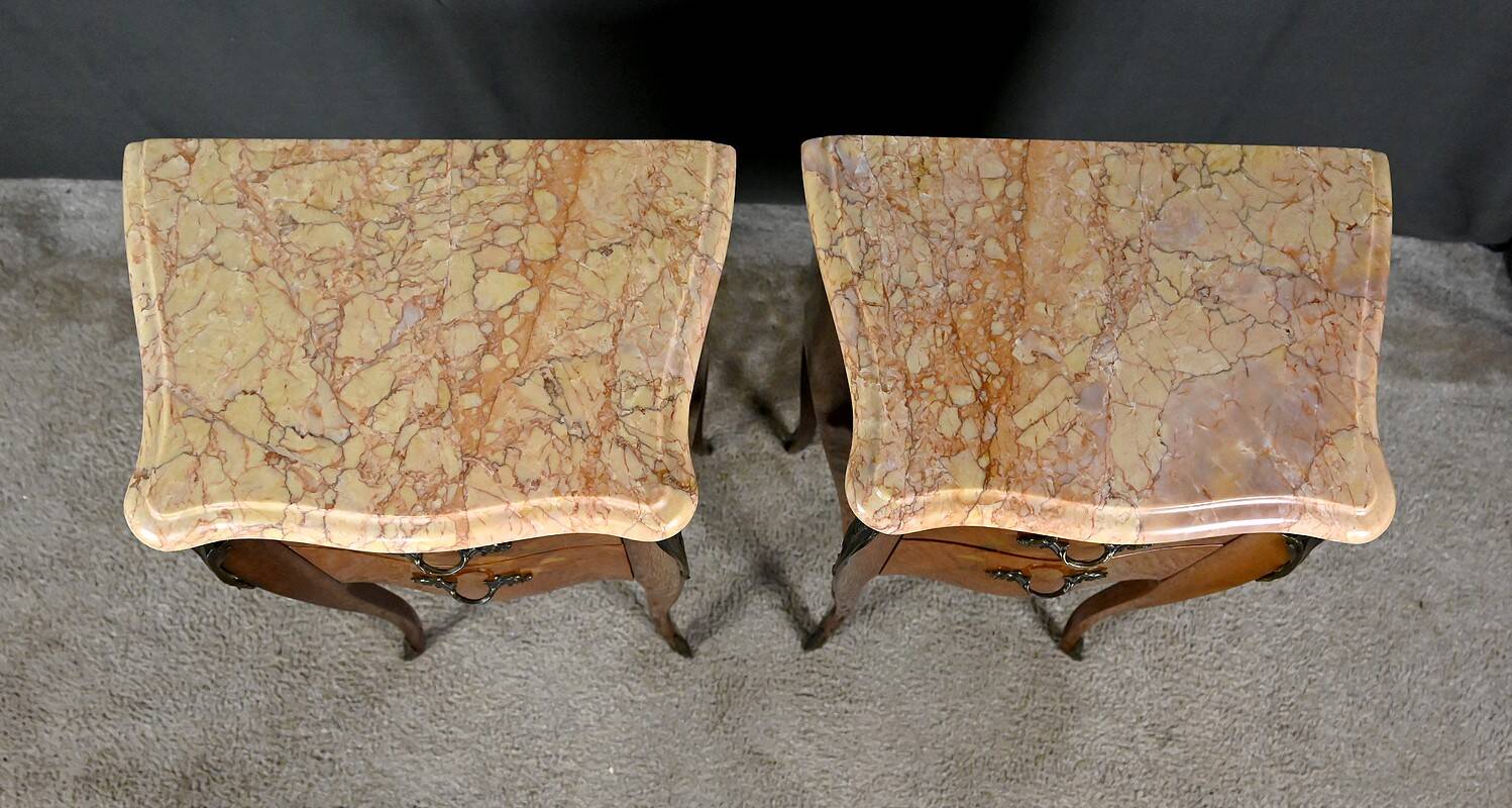 Pair of bedside tables in rosewood marquetry, Louis XV style – 2nd half of the 20th century